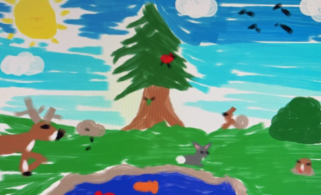 ASCCing the Experts listener submission depicting forest animals and a coniferous tree. Credit: Anonymous.